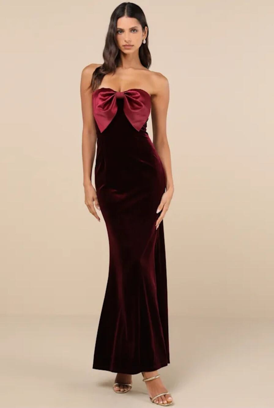 Lulus Dramatic Stunner Burgundy Velvet Bow Strapless Maxi Dress Size Large L NWT